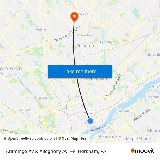 Aramingo Av & Allegheny Av to Horsham, PA map