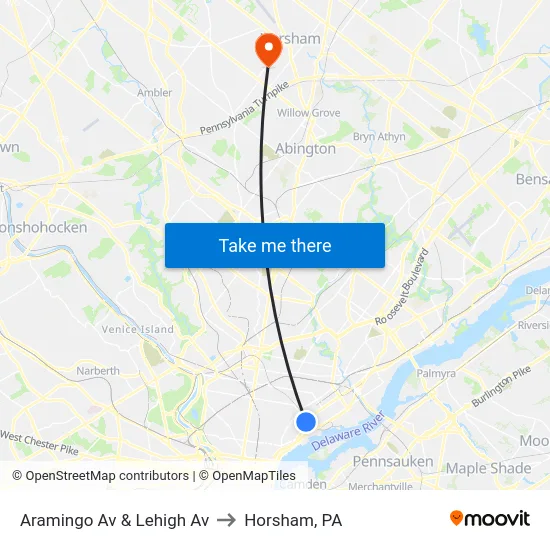 Aramingo Av & Lehigh Av to Horsham, PA map