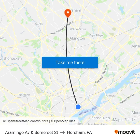 Aramingo Av & Somerset St to Horsham, PA map