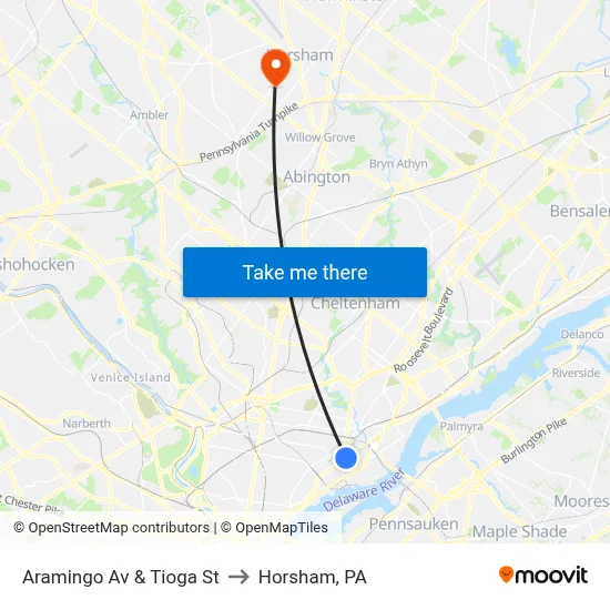 Aramingo Av & Tioga St to Horsham, PA map