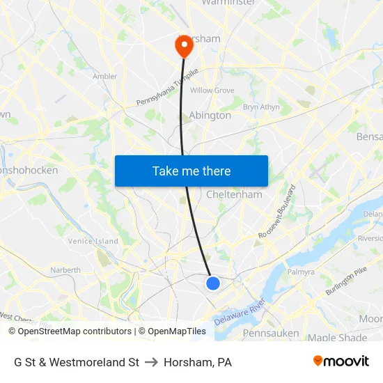 G St & Westmoreland St to Horsham, PA map