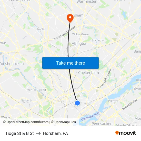 Tioga St & B St to Horsham, PA map