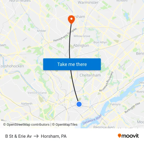 B St & Erie Av to Horsham, PA map