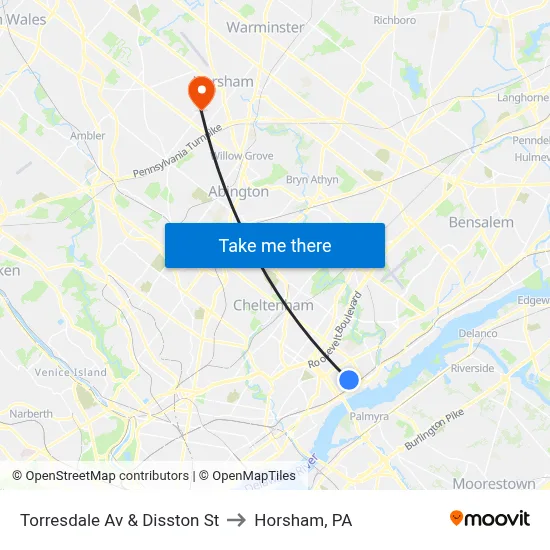 Torresdale Av & Disston St to Horsham, PA map