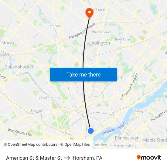 American St & Master St to Horsham, PA map