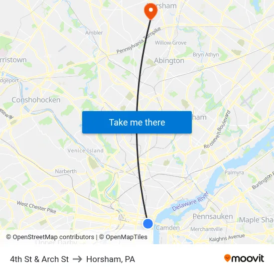 4th St & Arch St to Horsham, PA map