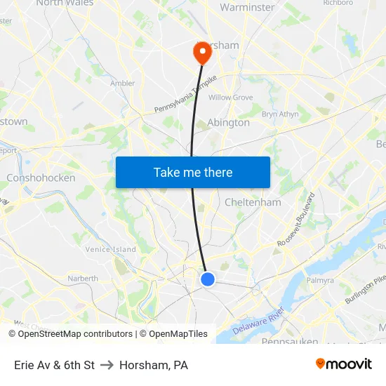 Erie Av & 6th St to Horsham, PA map