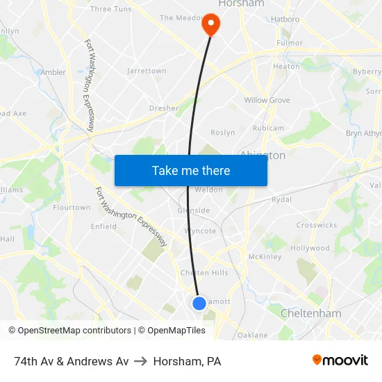 74th Av & Andrews Av to Horsham, PA map