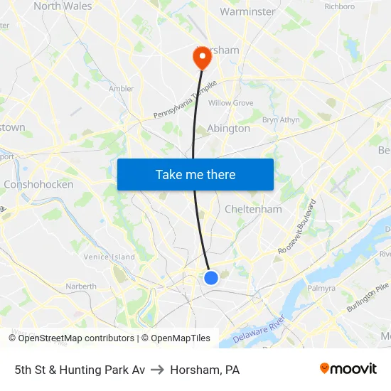 5th St & Hunting Park Av to Horsham, PA map