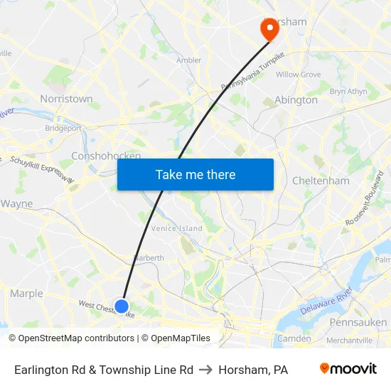 Earlington Rd & Township Line Rd to Horsham, PA map