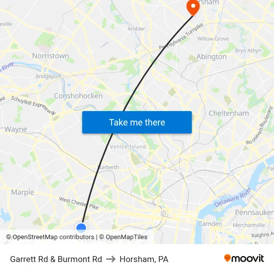Garrett Rd & Burmont Rd to Horsham, PA map