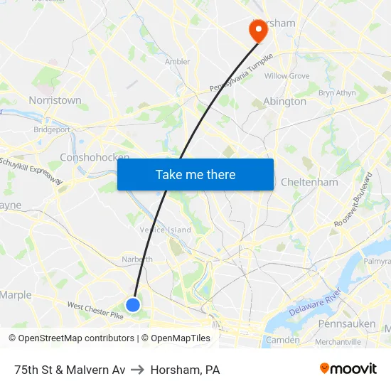 75th St & Malvern Av to Horsham, PA map