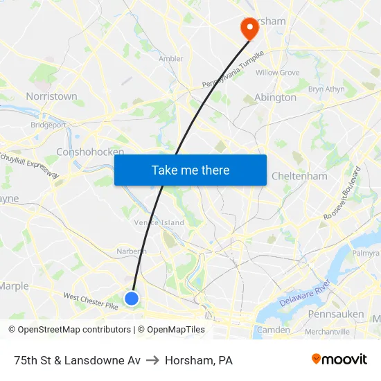 75th St & Lansdowne Av to Horsham, PA map