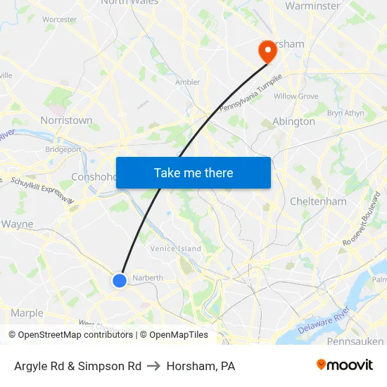 Argyle Rd & Simpson Rd to Horsham, PA map