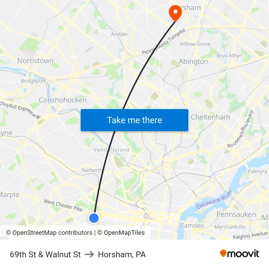 69th St & Walnut St to Horsham, PA map