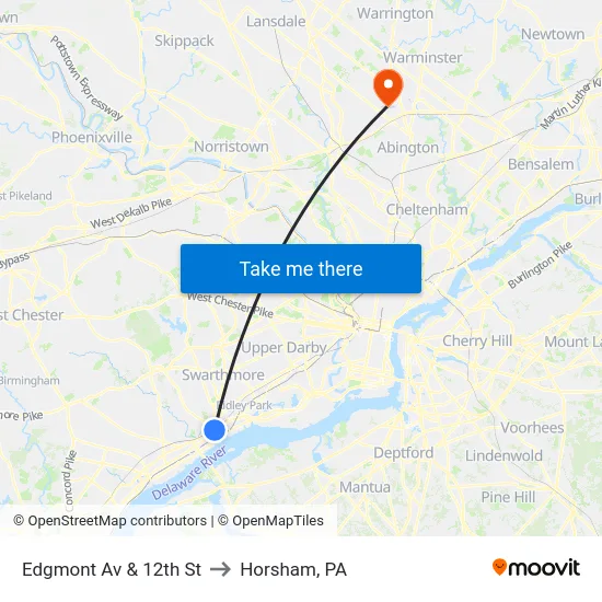 Edgmont Av & 12th St to Horsham, PA map