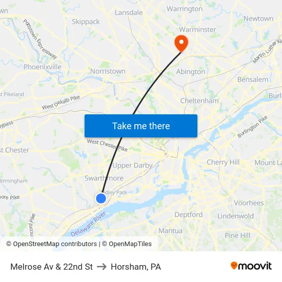 Melrose Av & 22nd St to Horsham, PA map