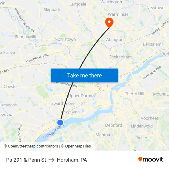 Pa 291 & Penn St to Horsham, PA map