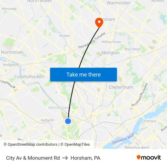 City Av & Monument Rd to Horsham, PA map
