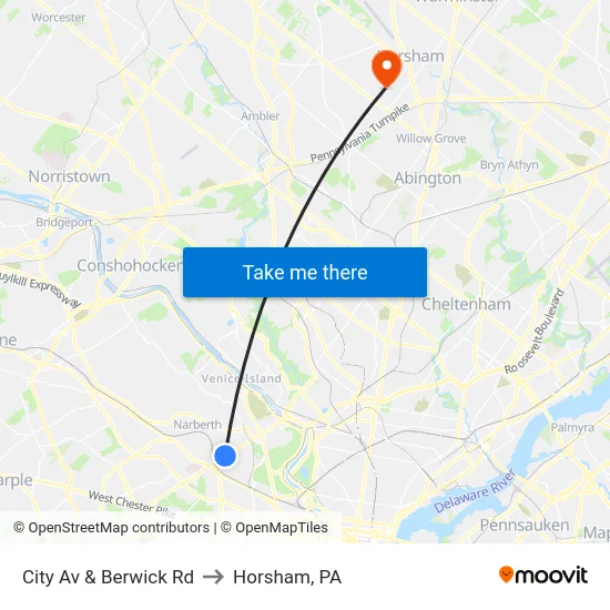 City Av & Berwick Rd to Horsham, PA map
