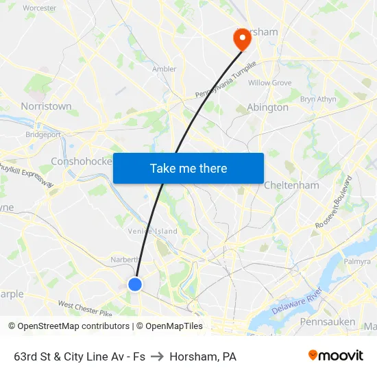 63rd St & City Line Av - Fs to Horsham, PA map