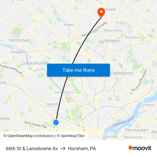 66th St & Lansdowne Av to Horsham, PA map