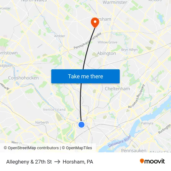 Allegheny & 27th St to Horsham, PA map
