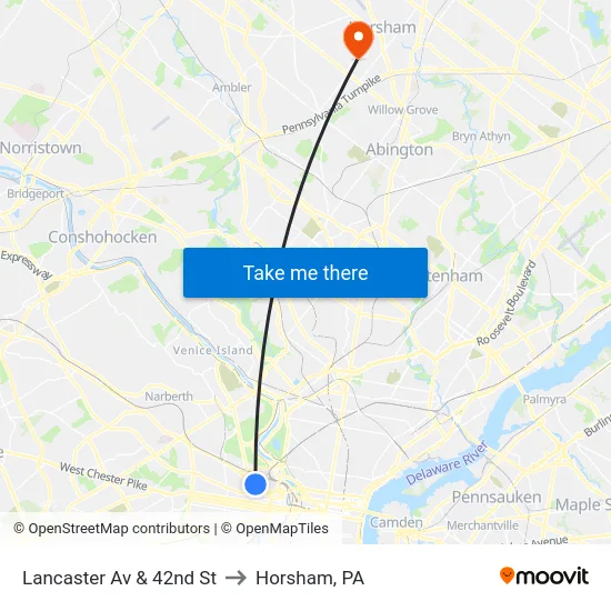 Lancaster Av & 42nd St to Horsham, PA map