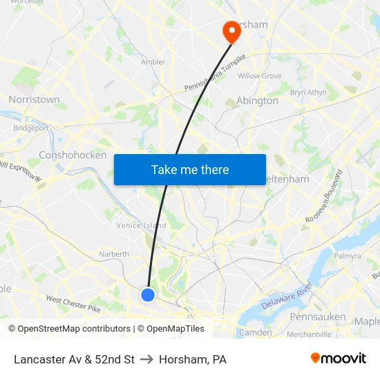 Lancaster Av & 52nd St to Horsham, PA map