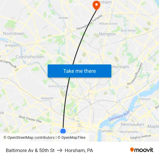 Baltimore Av & 50th St to Horsham, PA map