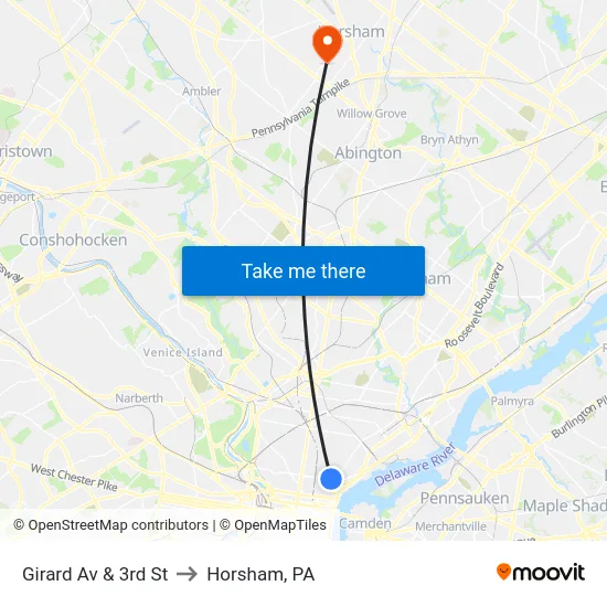 Girard Av & 3rd St to Horsham, PA map