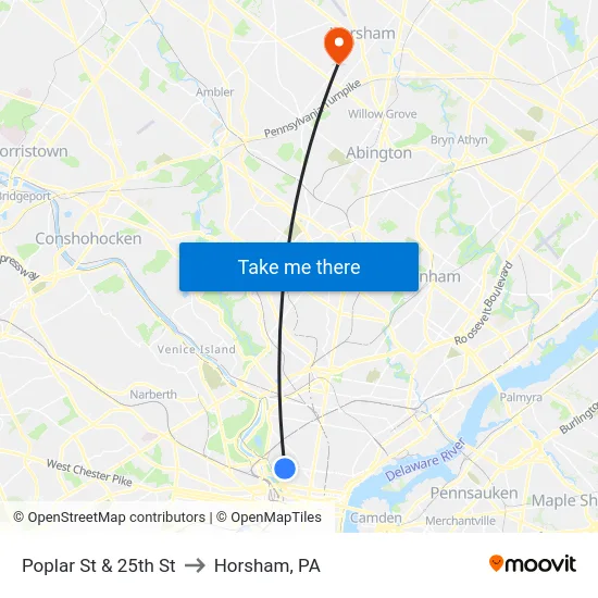 Poplar St & 25th St to Horsham, PA map