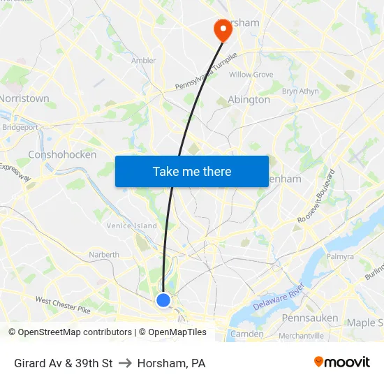 Girard Av & 39th St to Horsham, PA map