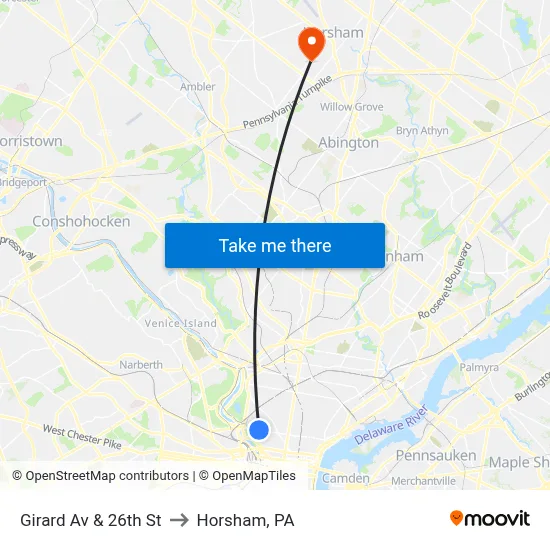 Girard Av & 26th St to Horsham, PA map