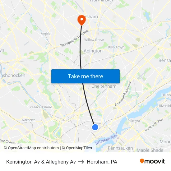 Kensington Av & Allegheny Av to Horsham, PA map