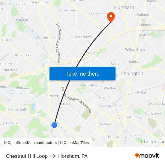 Chestnut Hill Loop to Horsham, PA map