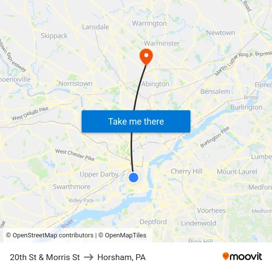 20th St & Morris St to Horsham, PA map