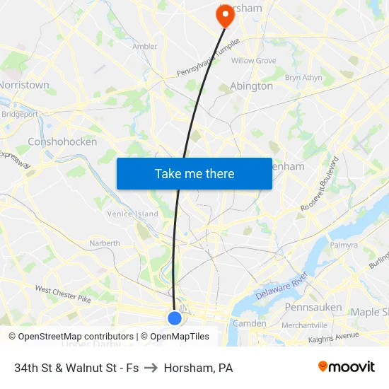 34th St & Walnut St - Fs to Horsham, PA map