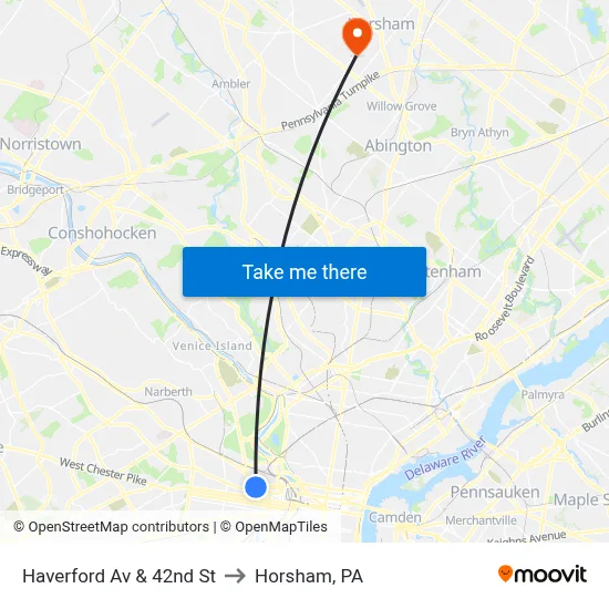 Haverford Av & 42nd St to Horsham, PA map