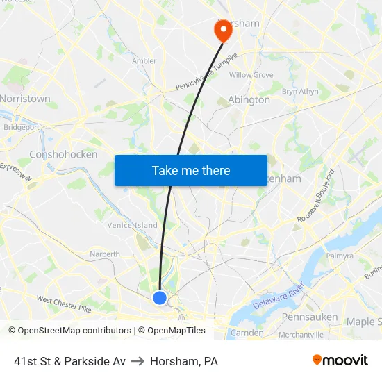 41st St & Parkside Av to Horsham, PA map