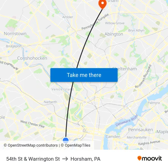 54th St & Warrington St to Horsham, PA map