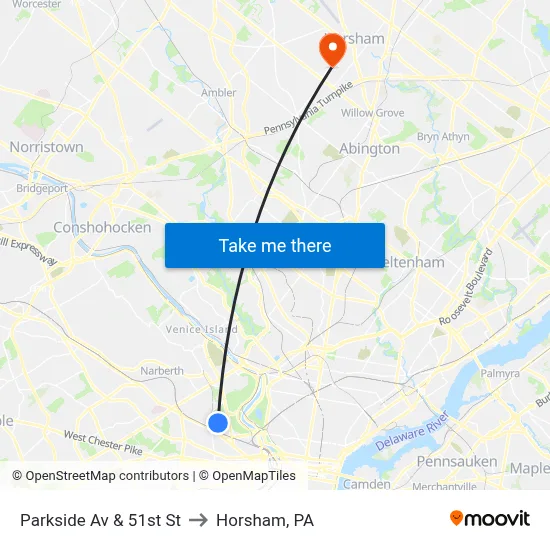 Parkside Av & 51st St to Horsham, PA map