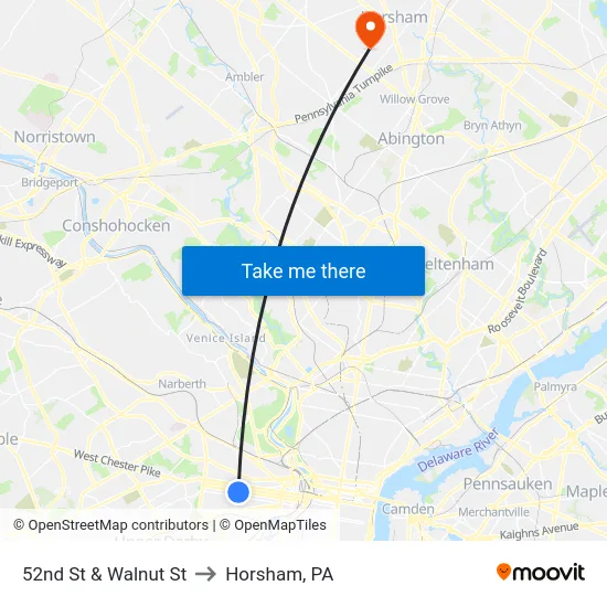52nd St & Walnut St to Horsham, PA map