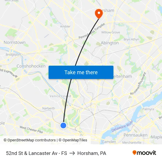 52nd St & Lancaster Av - FS to Horsham, PA map
