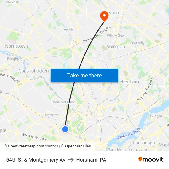 54th St & Montgomery Av to Horsham, PA map
