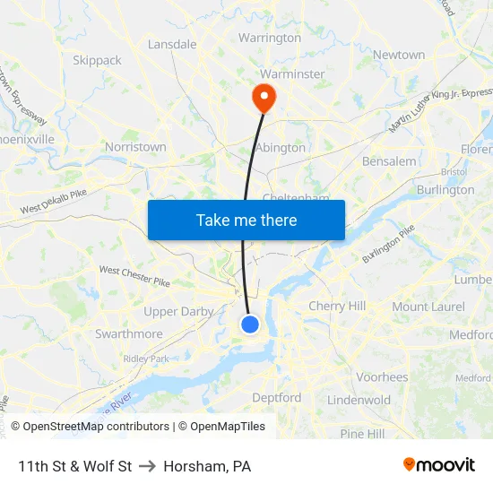 11th St & Wolf St to Horsham, PA map