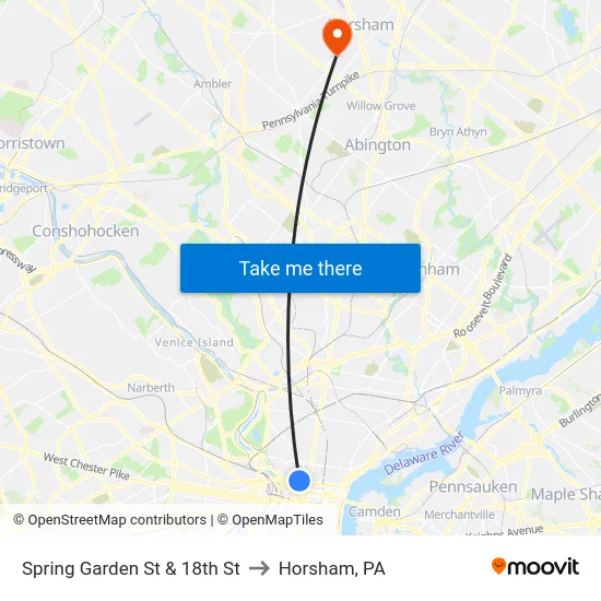 Spring Garden St & 18th St to Horsham, PA map