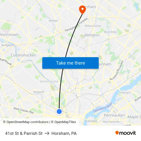 41st St & Parrish St to Horsham, PA map