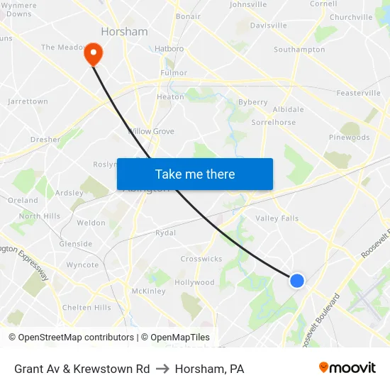 Grant Av & Krewstown Rd to Horsham, PA map