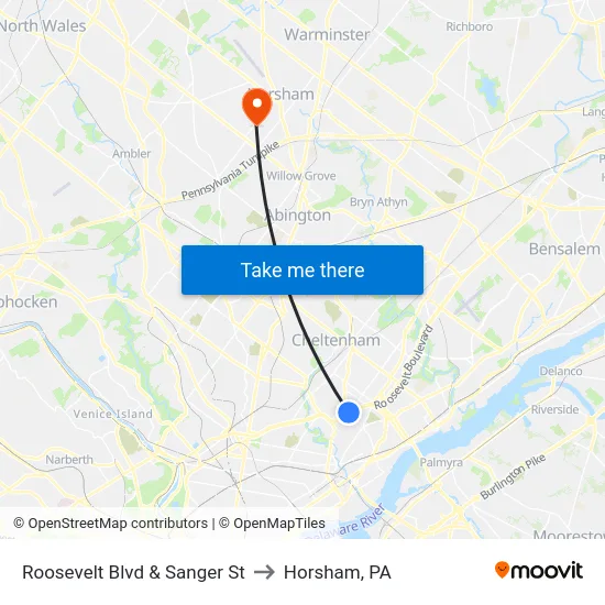 Roosevelt Blvd & Sanger St to Horsham, PA map